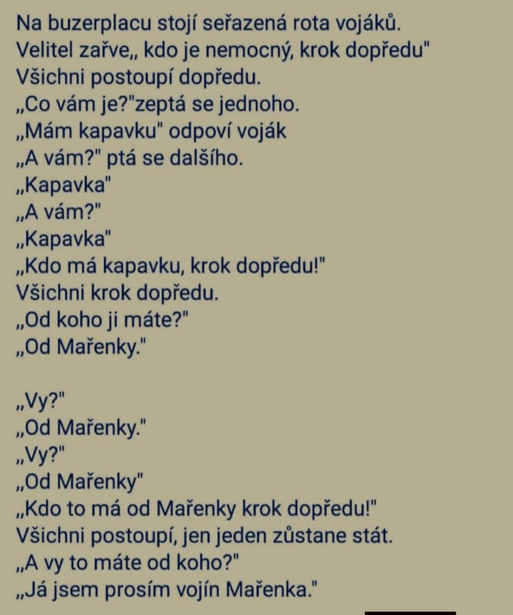 Vojak vtip - rota na buzerplace, kázne o kapavke od Mařenky, vtipná pointa s vojínom Mařenkou.
