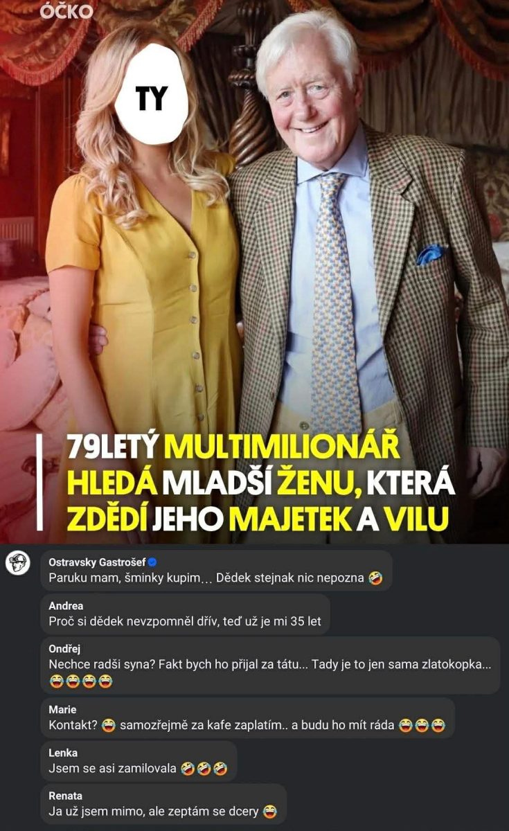 79-ročný multimilionár hľadá mladšiu ženu na dedenie majetku a vily; žartovné komentáre používateľov na Facebooku.