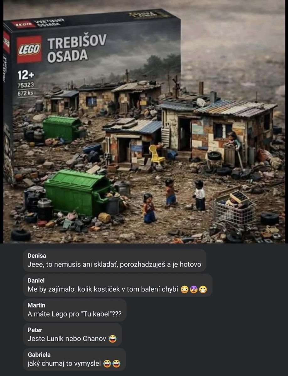 LEGO stavebnica Trebišov osada zobrazuje miniatúrnu osadu s chatrčami, odpadkami a postavičkami, 67 kusov.