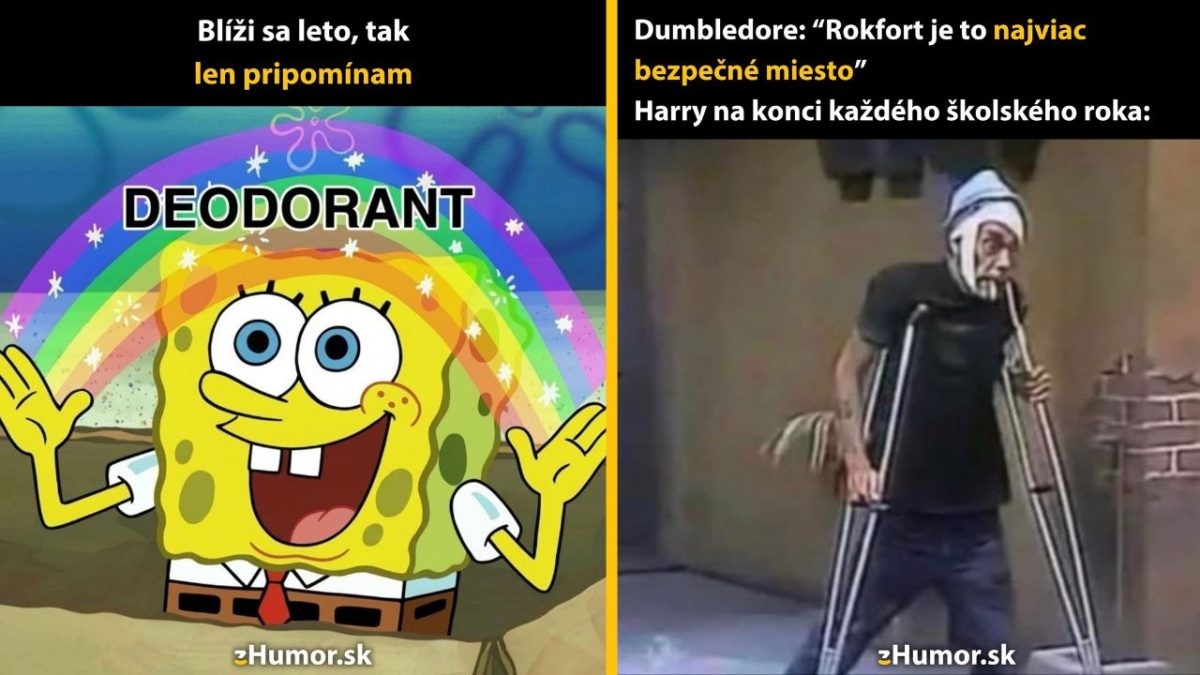Vtipná koláž s názvami Dezodorant a Rokfort odkazujúca na letnú hygienu a nebezpečenstvá školy.