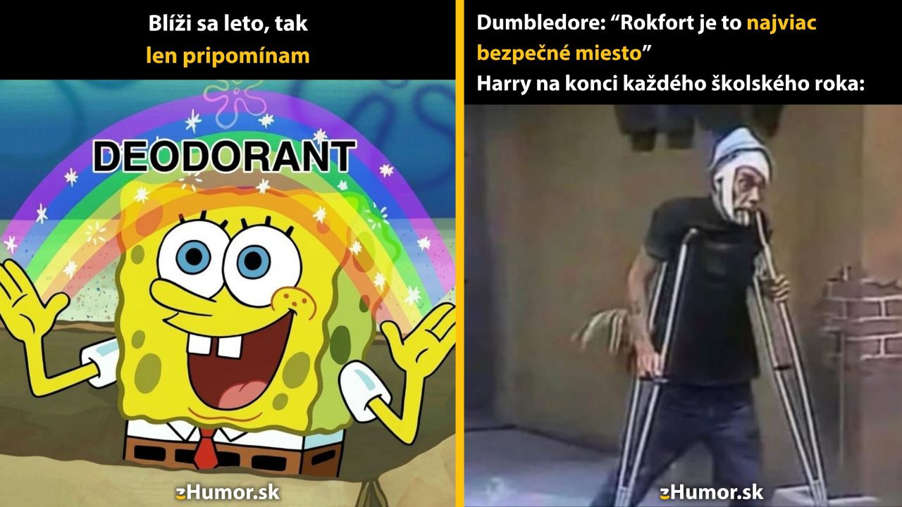 Vtipná koláž s názvami Dezodorant a Rokfort odkazujúca na letnú hygienu a nebezpečenstvá školy.
