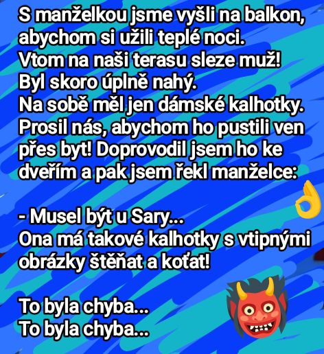 Vtip o nočnom návštevníkovi na terase s humorným zakončením a emotikony.