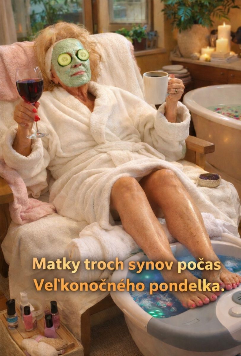 Staršia žena relaxuje so zelenou pleťovou maskou v župane, s vínom a kávou, počas domáceho wellness.
