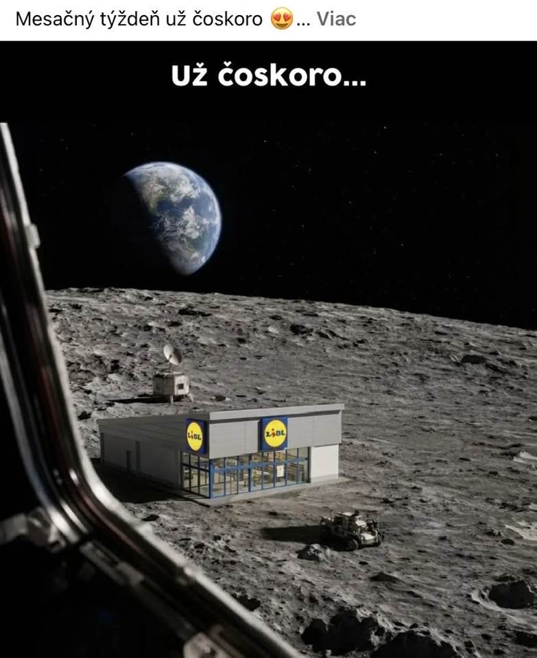 Obchod Lidl na Mesiaci s pohľadom na Zem, nadpis Už čoskoro.