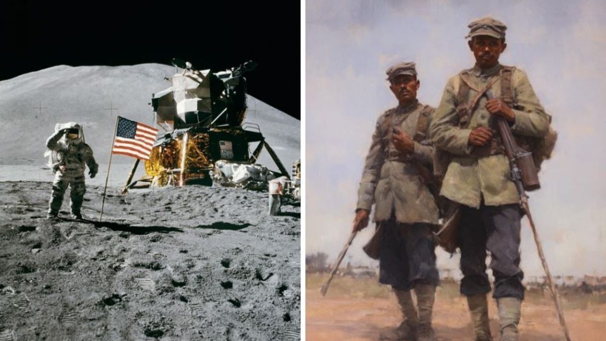 Ľavý obrázok: Astronaut na Mesiaci vedľa modulu, pravý obrázok: Dvaja vojaci z prvej svetovej vojny kráčajú po poli.