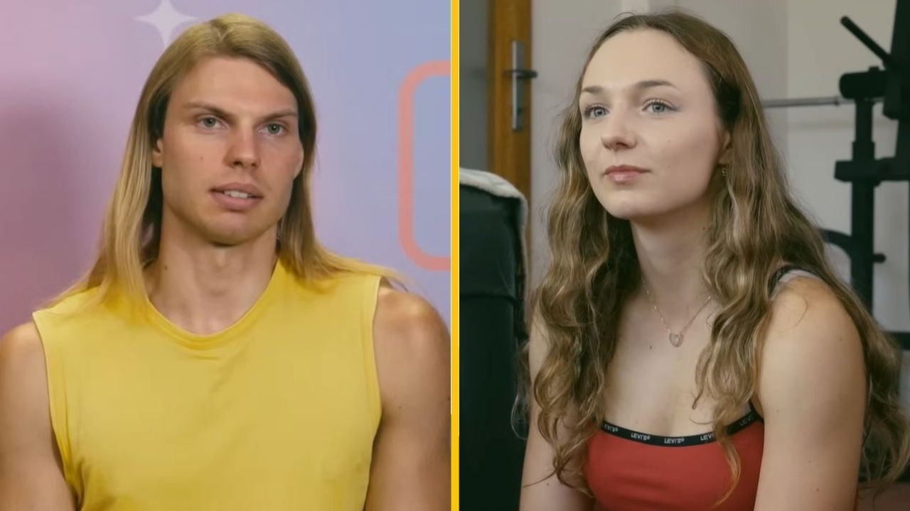 Dvojica mladých ľudí na portrétnej fotografii. Obaja s dlhými vlasmi, on v žltom tričku, ona v červenom topu.