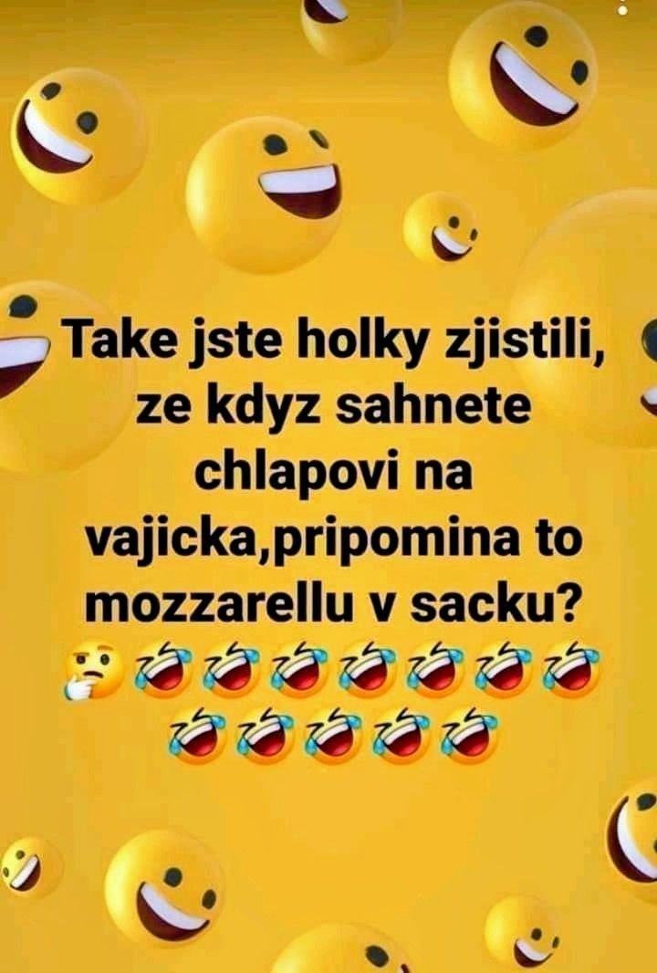 Emoji smajlíky s humoristickým textom o mužskej pohode a mozzarelle v sáčku.