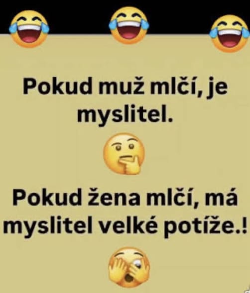 Vtipný text o tichu mužov a žien s emotikonmi, vyjadrujúci rozdielne vnímanie mlčania.