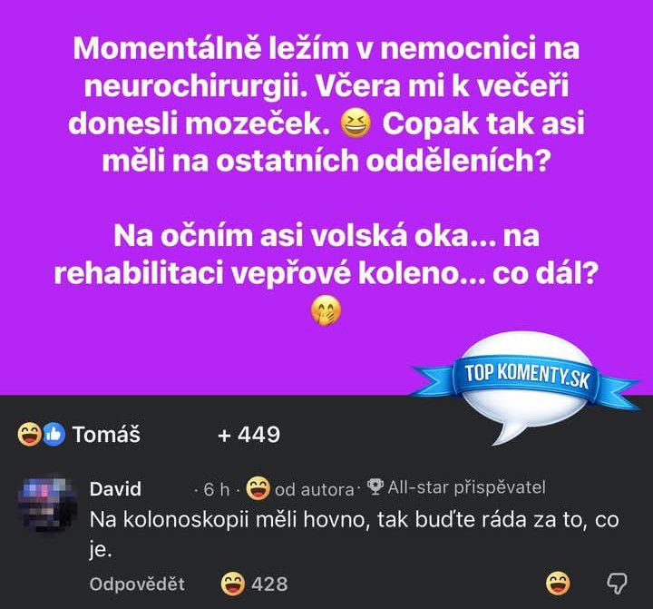 Vtipný komentár z Facebooku o jedlách v nemocnici, kde pacient vtipne popisuje, čo sa dá očakávať na iných oddeleniach.