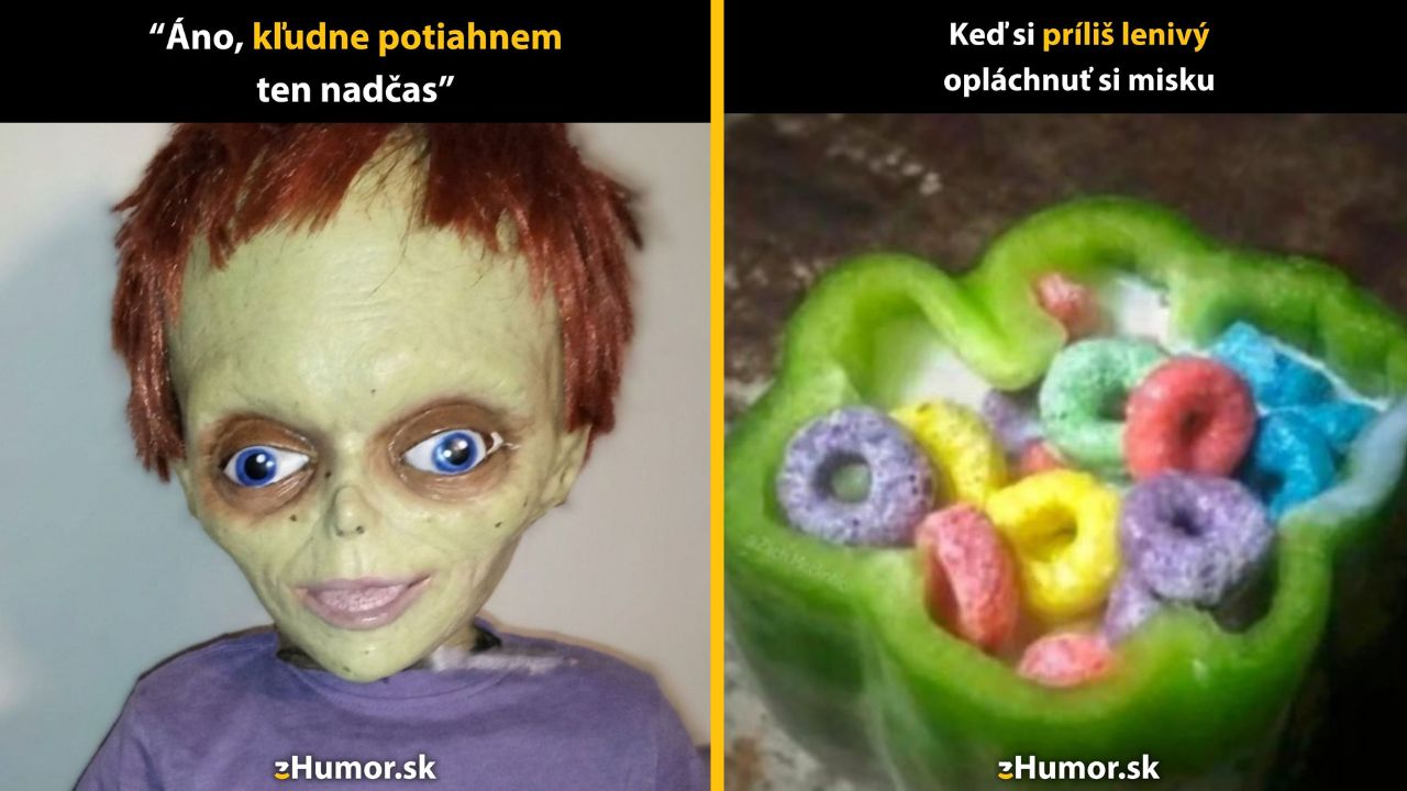 Humorný obrázok s bizarnou figúrkou a paprikou plnou cereálií namiesto misky.