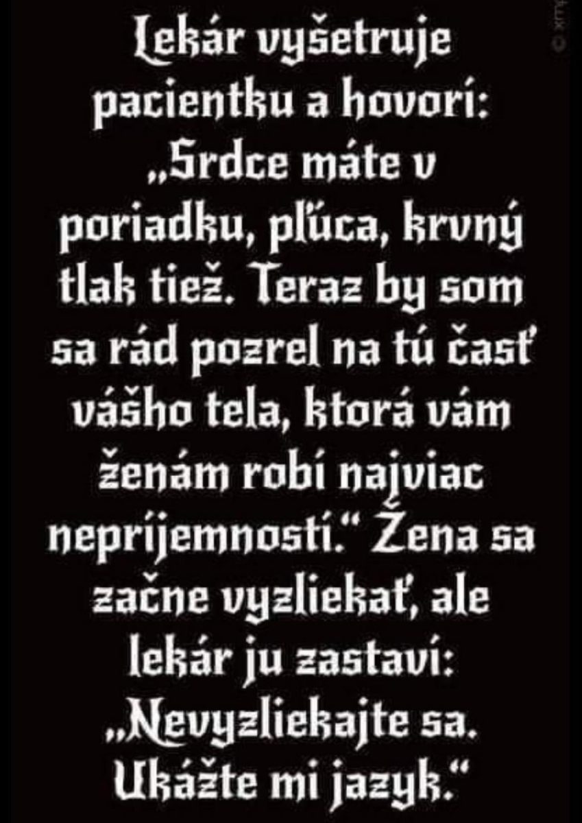 Lekár kontroluje pacientku a humorná pointa s jazykom prinesie úsmev.