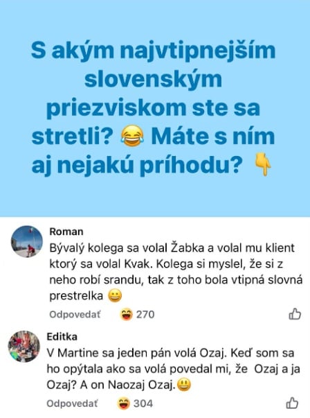 Najvtipnejšie slovenské priezviská: diskusia o humorných príhodách s priezviskami Žabka a Ozaj.
