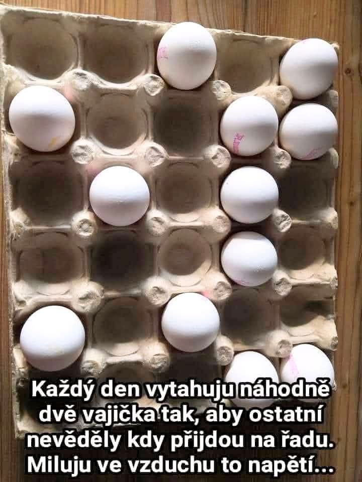 Plech na vajíčka so šiestimi vajíčkami usporiadanými do kríža s vtipným českým textom o náhodnom výbere vajíčok.