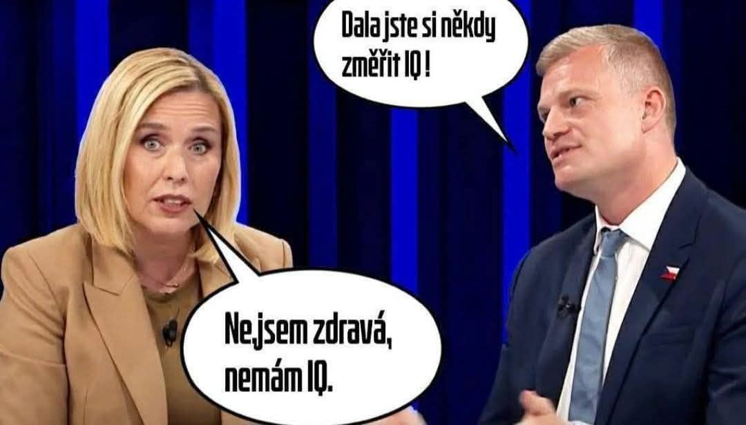 Dvojica diskutuje o testovaní IQ v televíznom štúdiu s vtipným obrázkovým dialogom.