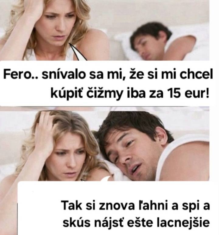 Pár vtipne diskutuje o sne, kde muž sľubuje kúpiť lacné čižmy.