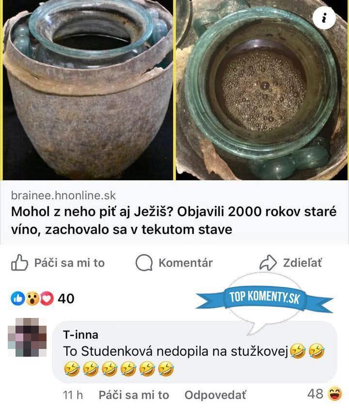 Starodávna nádoba s tekutým vínom; záhadný objav 2000-ročného vína, komentáre s humorom.