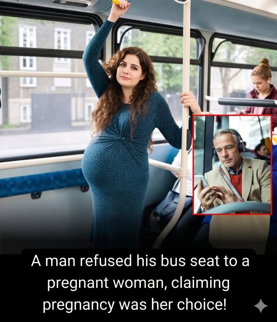 Tehotná žena stojí v autobuse, zatiaľ čo muž sedí a odmieta jej ponúknuť miesto.