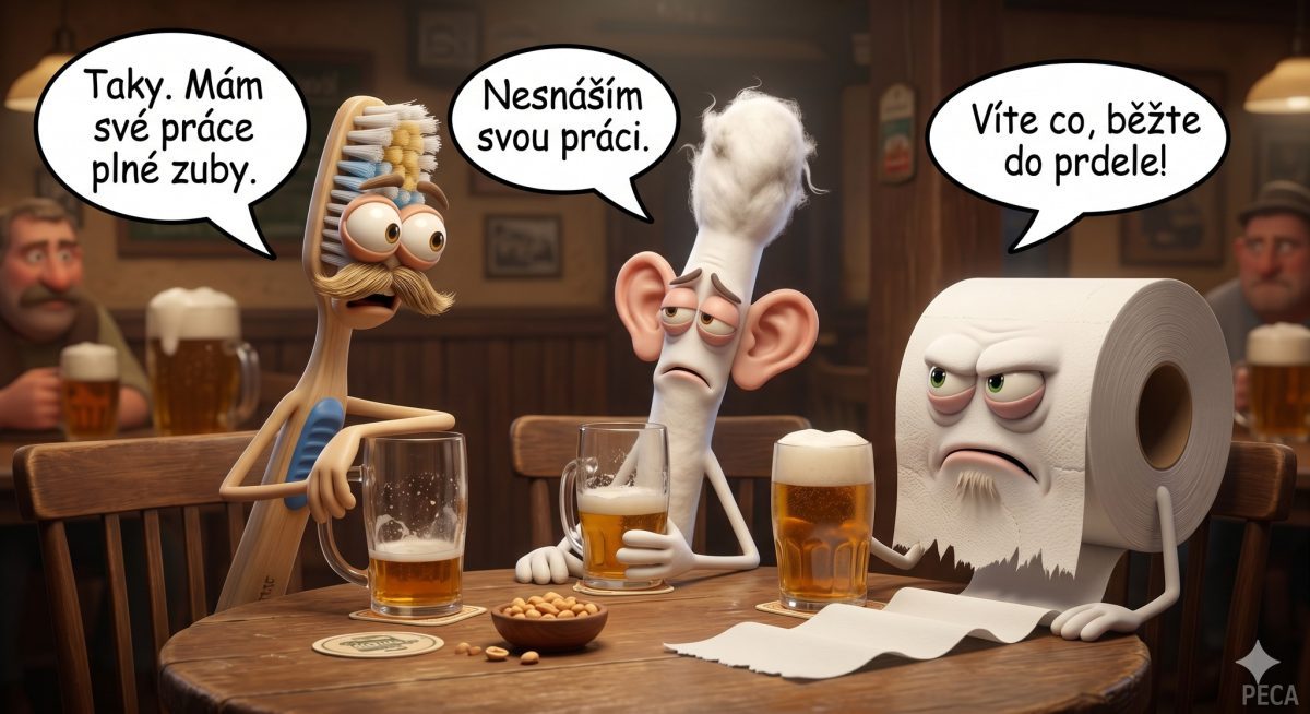 Postavičky zubnej kefky, vatového tampónu a toaletného papiera popíjajú pivo v krčme, vyjadrujú svoju frustráciu z práce.
