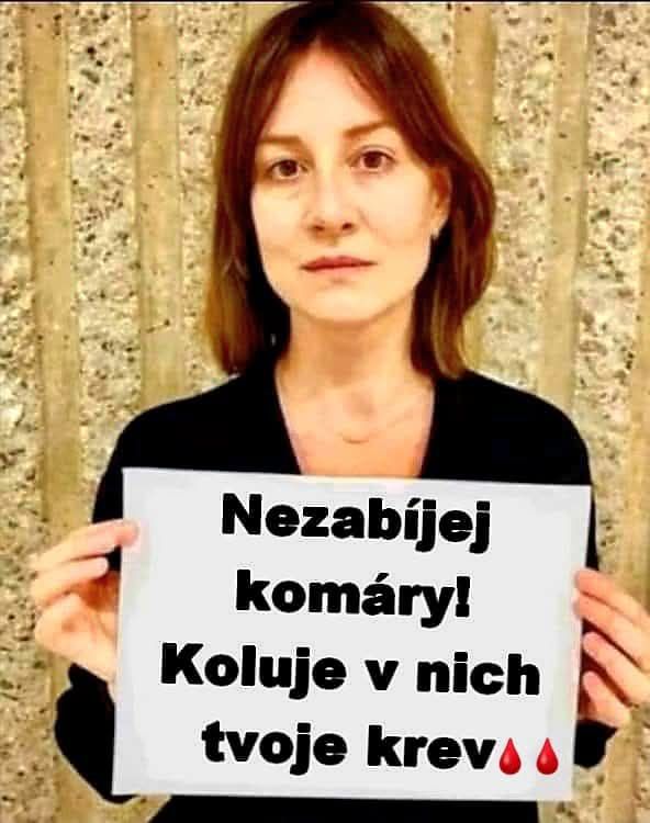 Žena drží nápis s textom Nezabíjej komáry! Koluje v nich tvoje krev pred betónovou stenou.