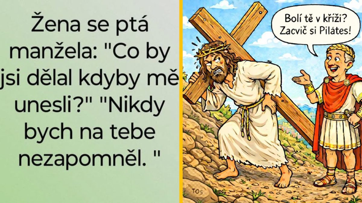 Dvojitý vtip: Slovná hra o únose a kreslený vtip o krížovej ceste s Pilátom.