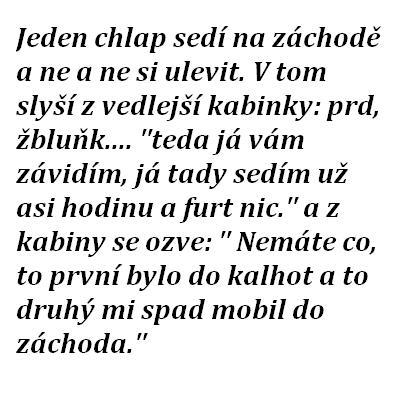Vtipná textová anekdota z prostredia toalety s nešťastnou príhodou s mobilným telefónom.