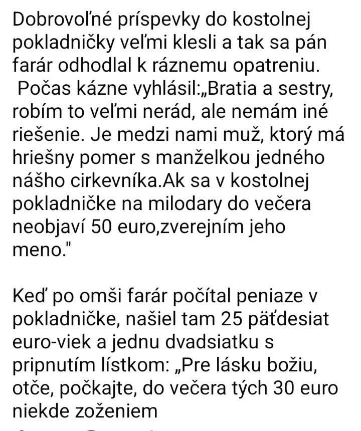 Vtipná anekdota o farárskej výzve na zvýšenie príspevkov do kostolnej pokladničky pomocou nemorálneho odhalenia.