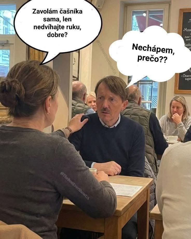 Dvaja ľudia diskutujú v reštaurácii, žena hovorí mužovi, že zavolá čašníka bez zdvihnutia ruky.