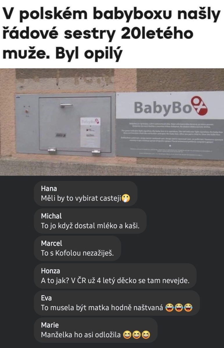 Nápis na babyboxe a vtipné komentáre o opilom mužovi, ktorého našli v boxe v Poľsku.