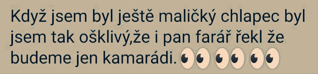 Vtipný text so zmienkou malého chlapca a farára, doplnený emotikonmi očí.
