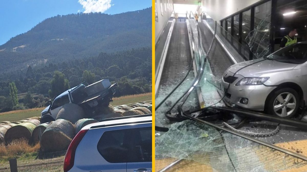 Auto na balíkoch sena v prírode a poškodené auto na eskalátore v interiéri. Dve neobvyklé nehody.