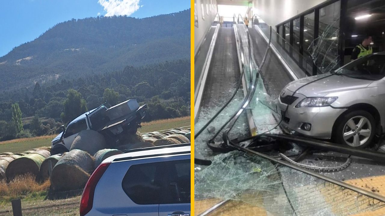 Auto na balíkoch sena v prírode a poškodené auto na eskalátore v interiéri. Dve neobvyklé nehody.
