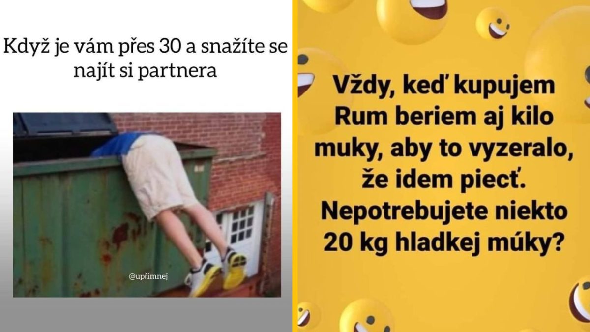 Muž v kontajneri hľadá partnerku, vedľa text o nakupovaní rumu a múky. Humor o vzťahoch a nákupoch.