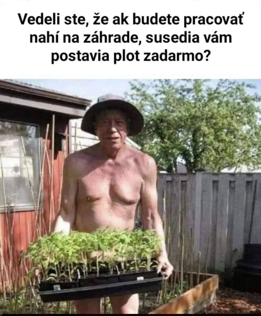 Muž pracuje nahý na záhrade, drží sadeničky. Text žartuje o susedoch, ktorí postavia plot zadarmo.
