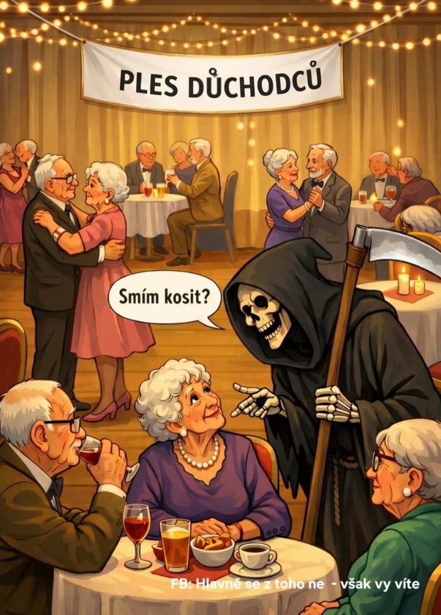 Tanec s kosťou na plese dôchodcov; komická ilustrácia s kostlivcom na parkete.