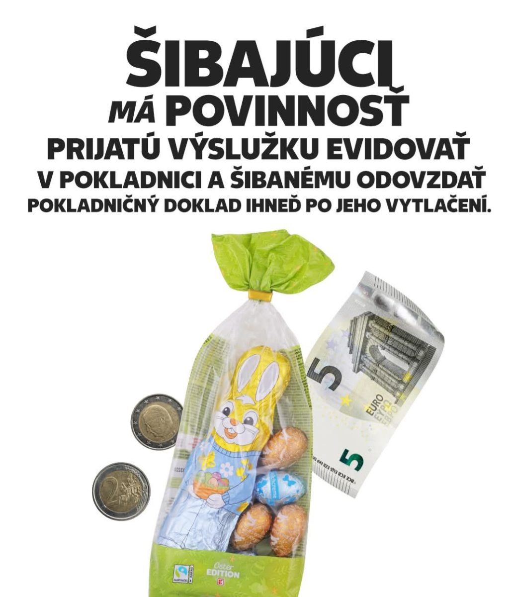 Veľkonočný balíček s čokoládovým zajačikom a peniazmi vedľa inštrukcií o evidovaní financí šibačom.