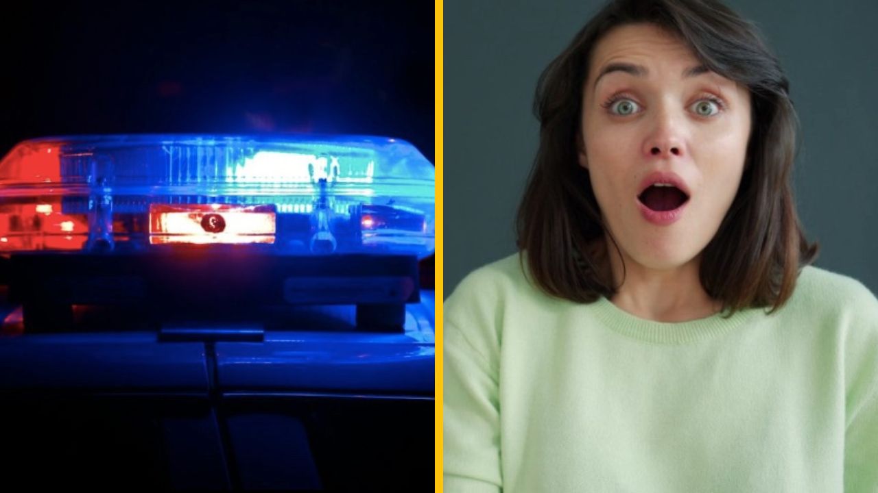 Policajné svetlá a žena s prekvapeným výrazom.