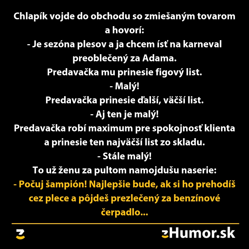 Vtip s mužom v obchode hľadajúcim figový list na kostým Adama, predavačka navrhuje benzínové čerpadlo.
