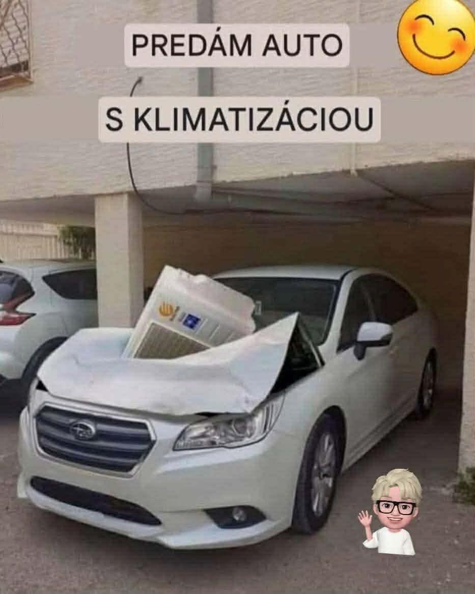 Auto s klimatizáciou umiestnenou na kapote, vtipne štylizované ako inzerát na predaj.