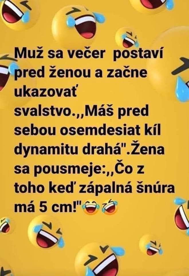 Vtipný obrázok s textom o mužskom sebavedomí a reakciou ženy, pozadie so smejúcimi sa emotikonmi.