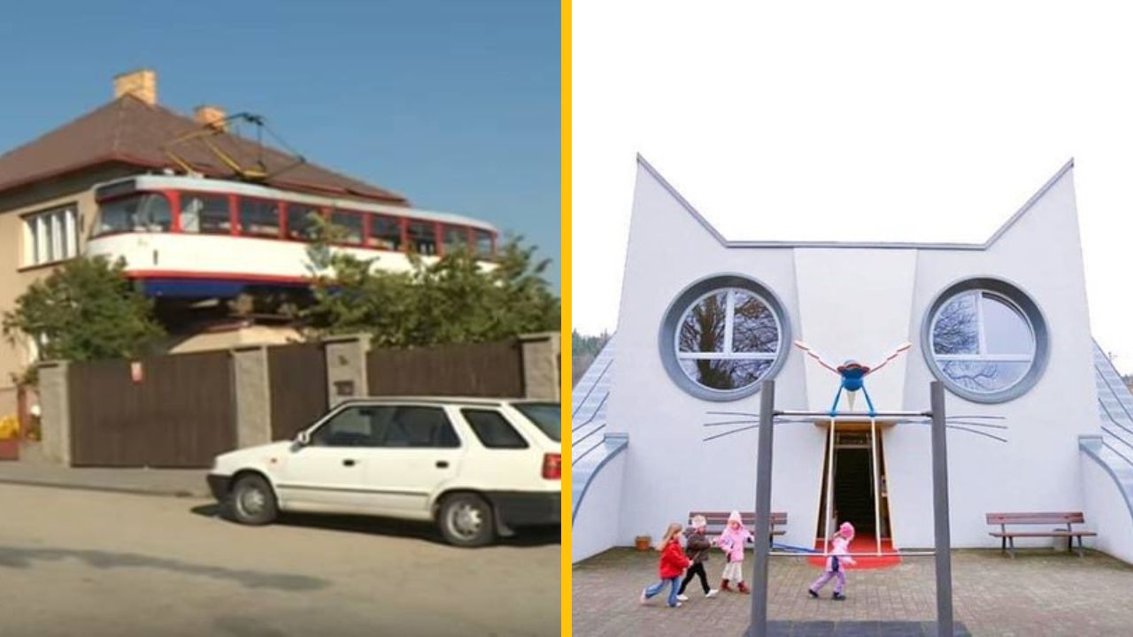 Dom s električkou na streche a škôlka v tvare mačky s deťmi na ihrisku. Originálna architektúra.