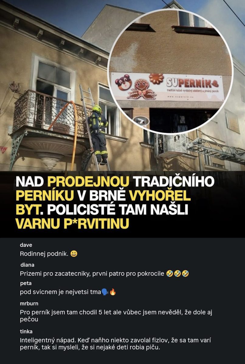 Hasič na rebríku pred obchodom s perníkom, požiar bytu, nájdená varňa p*rvitínu.