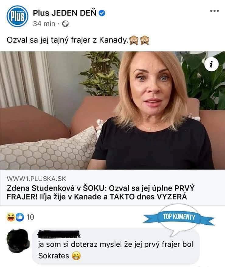 Žena v interiéri, titulok spomína tajného frajera z Kanady. Popis odkazuje na šokujúce odhalenie a komentár o Sokratovi.