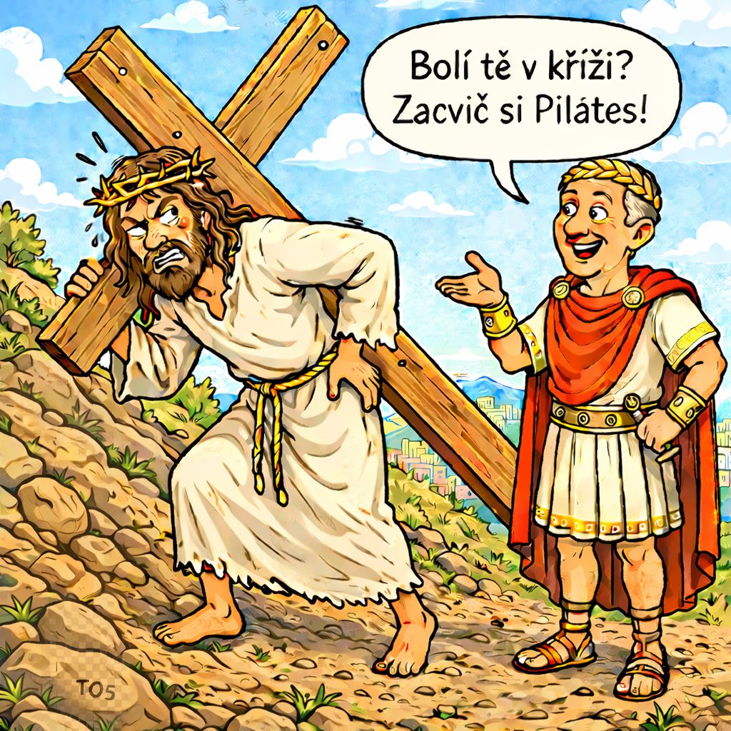 Ježiš nesie kríž, rímsky vojak žartuje o pilates cvičení. Vtipná karikatúra s historickým motívom.