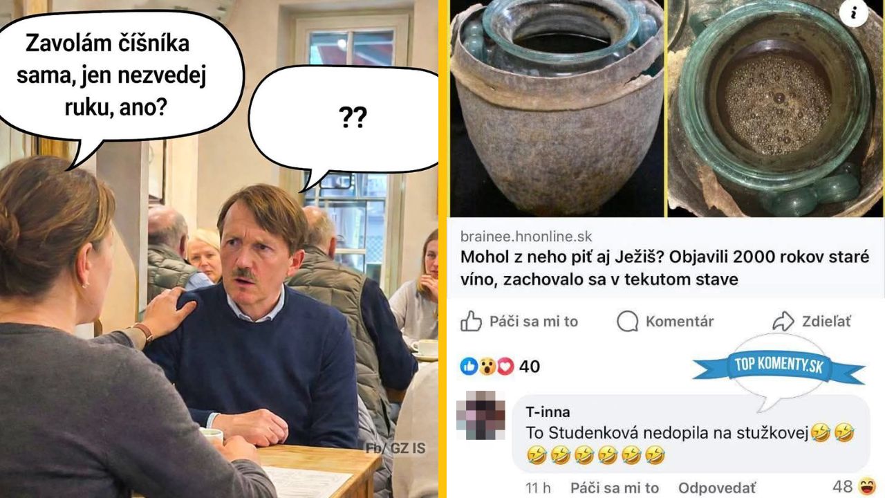Muž v reštaurácii zmätene reaguje na rozhovor s čašníkom, obrázok humorne komentuje staré víno.