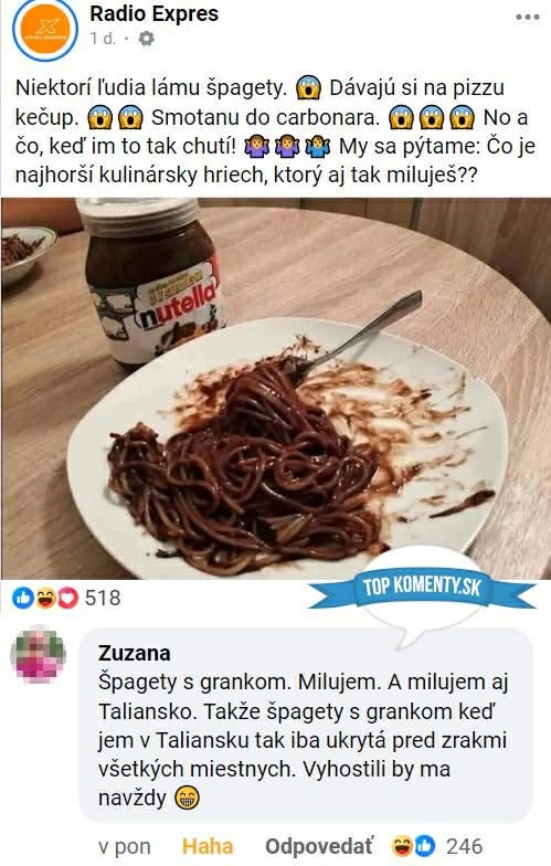 Špagety s Nutellou na tanieri, kuchynský vtipný experiment.