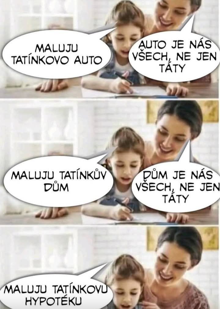 Dieťa tvorí kresbu rodinného majetku, mama poukazuje na spoločné vlastníctvo. Humor o vlastníctve auta a domu.