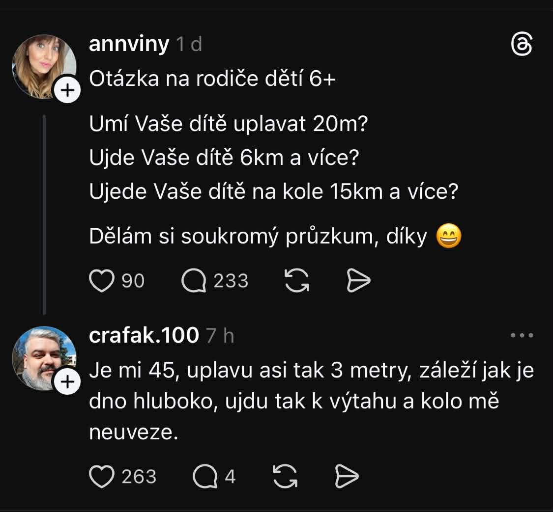 Otázka pre rodičov o športových schopnostiach detí, vtipná odpoveď dospelého na vlastné fyzické schopnosti.