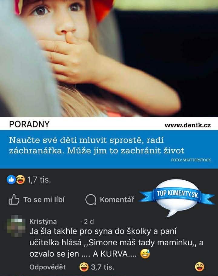 Dieťa so zakrytými ústami vedľa textu o učení detí nadávkovať, rada záchranárky na obrázku z denik.cz.