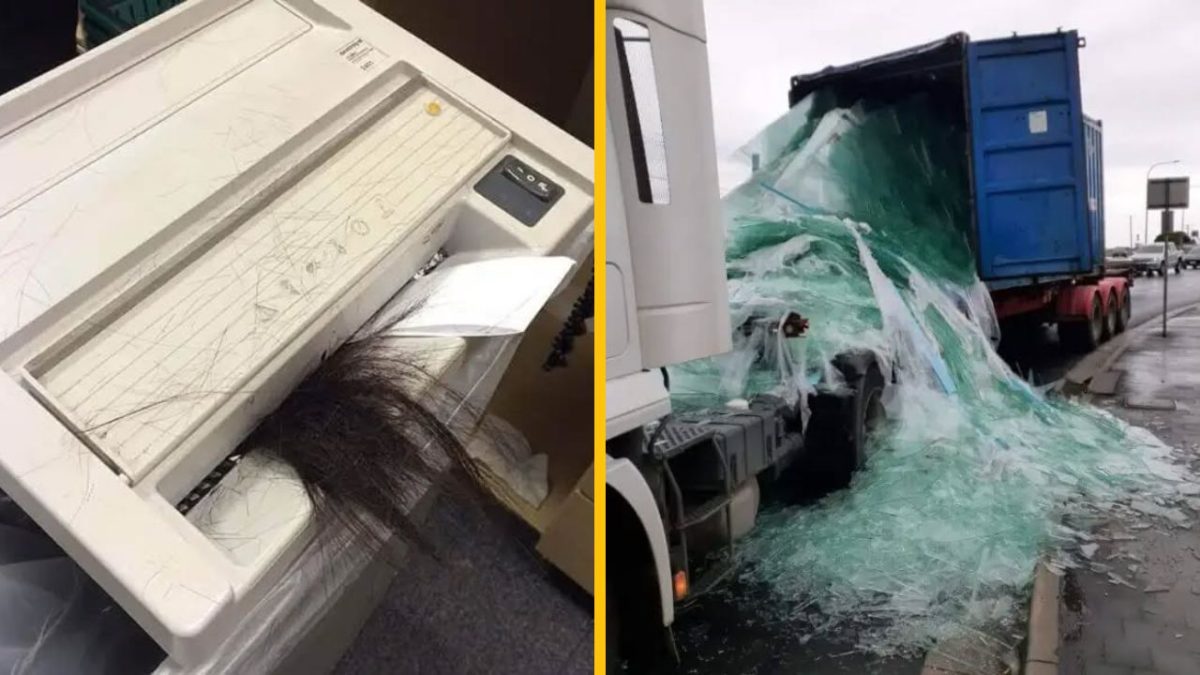 Tlačiareň s papierom zachytávajúcim vlasy a nákladný automobil s rozliatym sklom na ceste.