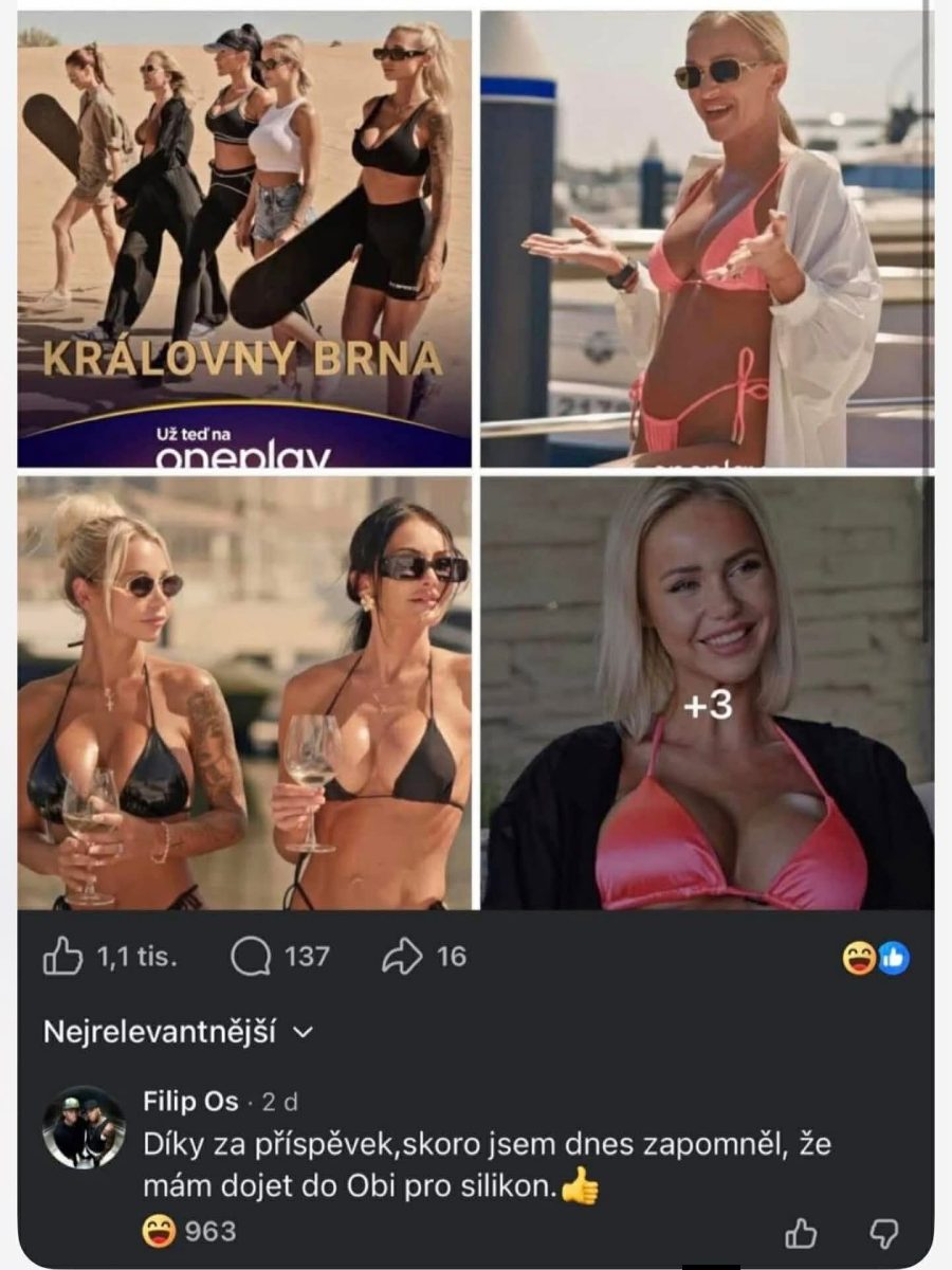 Ženy na pláži v moderných outfitoch, so sandboardmi a pohármi vína, s textom Kráľovny Brna na pozadí.